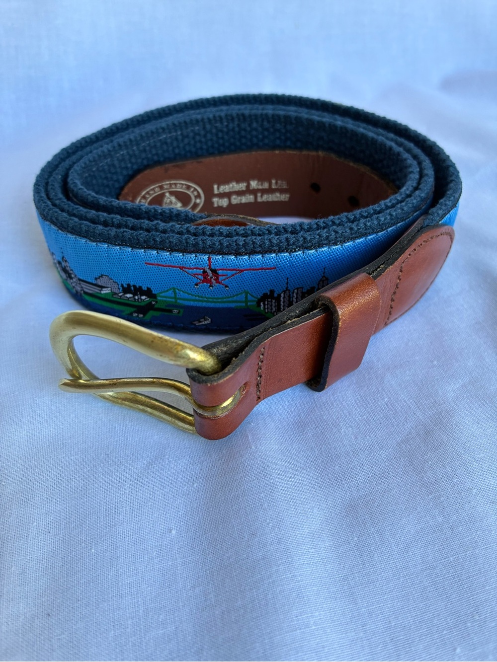 Leather Man Ltd Men's Airplane Pattern Navy and Leather with Brass Buckle